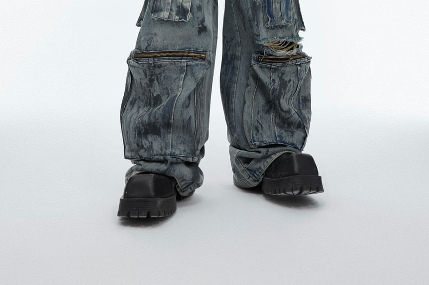 Kooklay - Mid Rise Distressed Pocket Detail Wide Leg Jeans