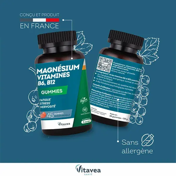 Vitavea Magnésium Vitamines B6, B12 Fatigue Stress Dès 3 ans 45 Gummies