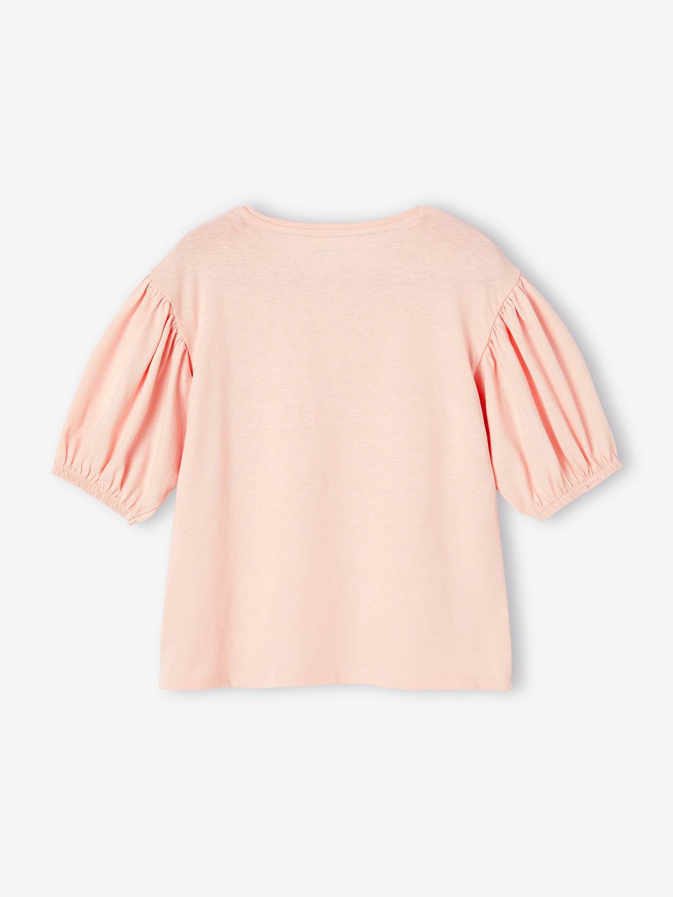 Camiseta infantil com mangas bufantes e estampa de frutas no peito, na cor cru.
