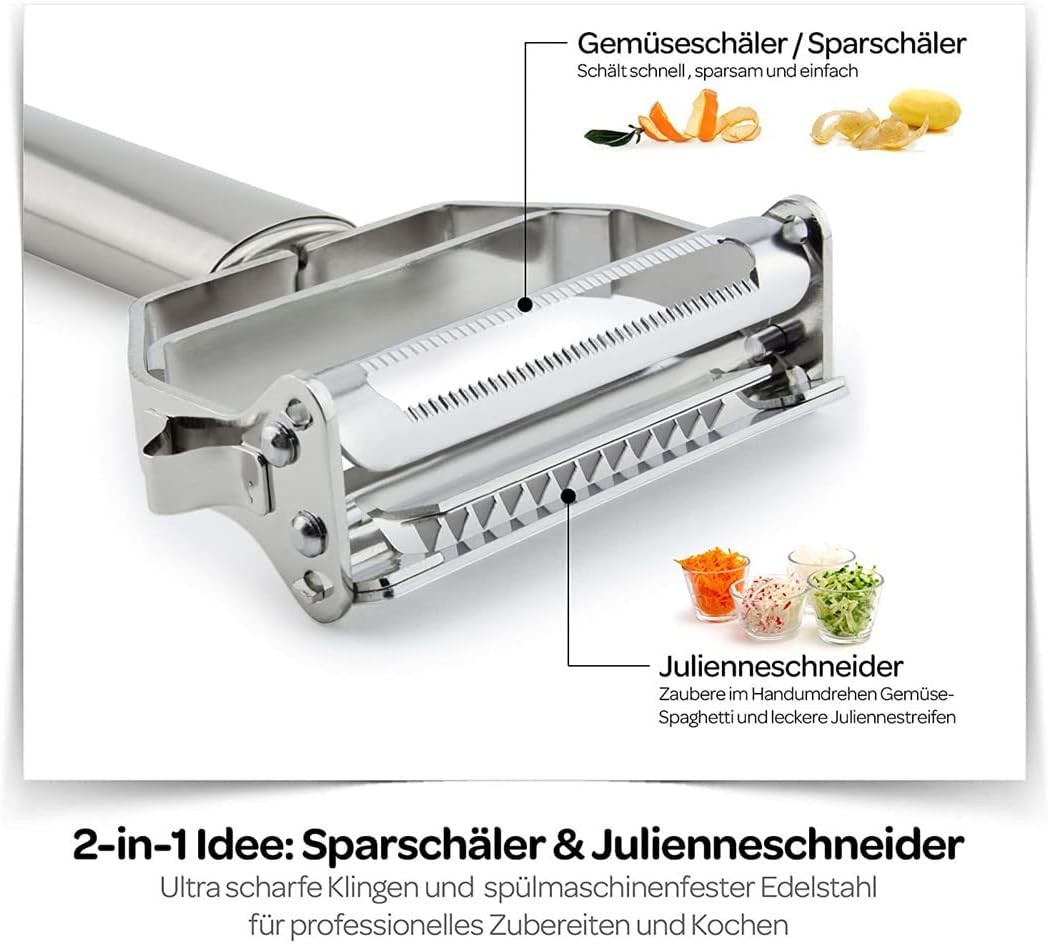 2in1 Edelstahl Gemüse Schäler Obst Peeler Julienne Stifte Sparschäler für Äpfel / Karotten / Kartoffeln - Silber