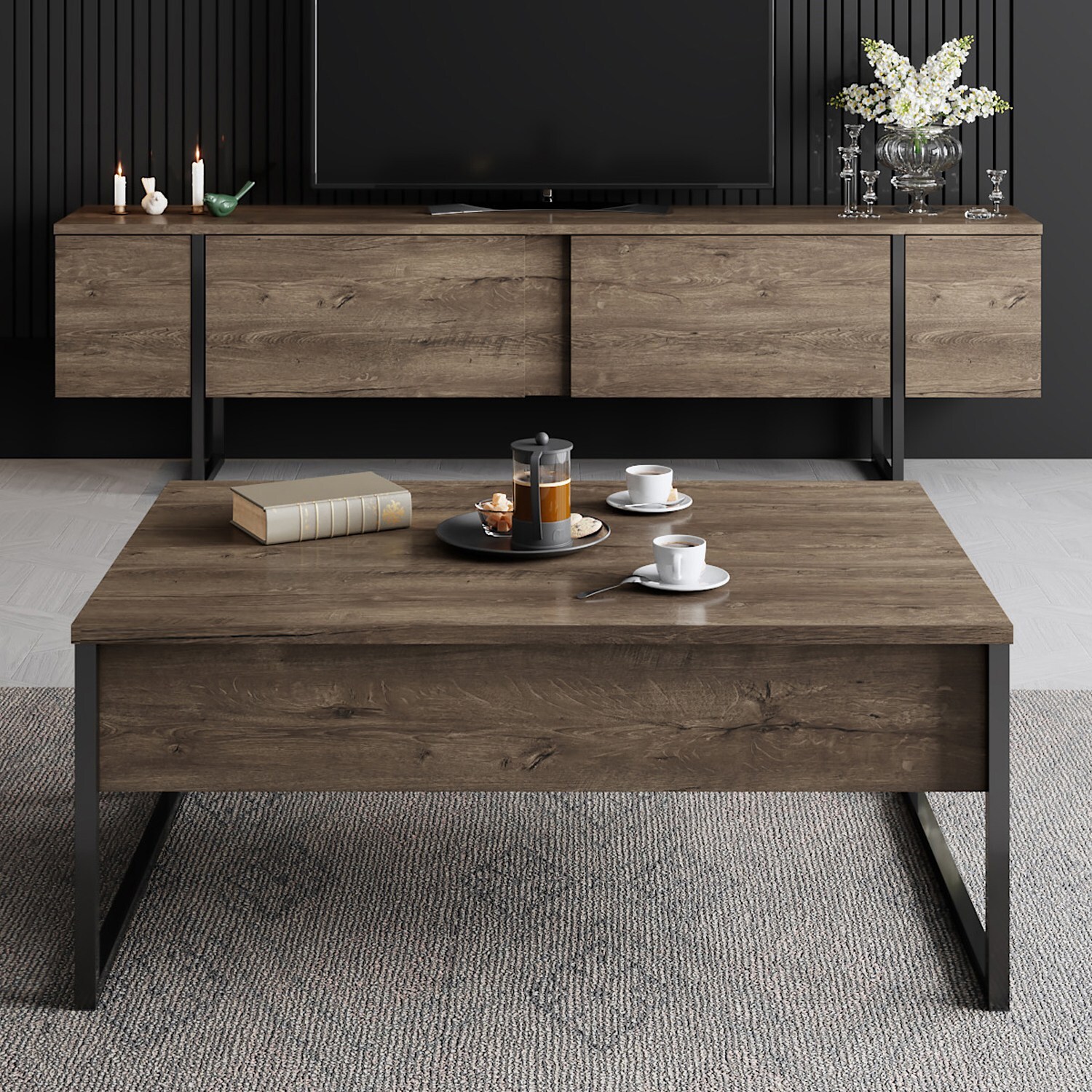 Homtex Moderner TV-Ständer, 180x50x30 cm, Walnuss/Schwarz, Melaminbeschichtet