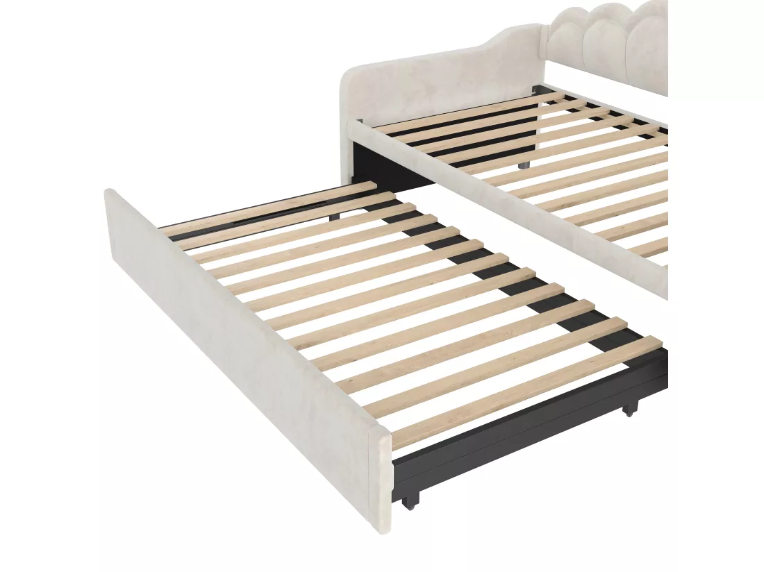 Canapé-lit 90x200/180x200 cm - avec lit gigogne - avec bande lumineuse LED - velours - beige (matelas non inclus)