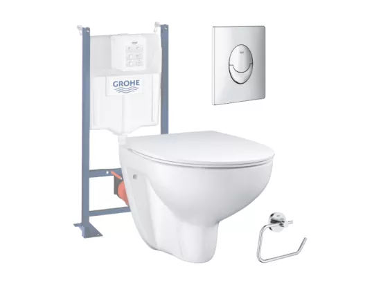 Pack WC sans bride Bau Ceramic avec abattant slim + Bâti support WC Rapid SL + plaque de commande Start chromé + dérouleur