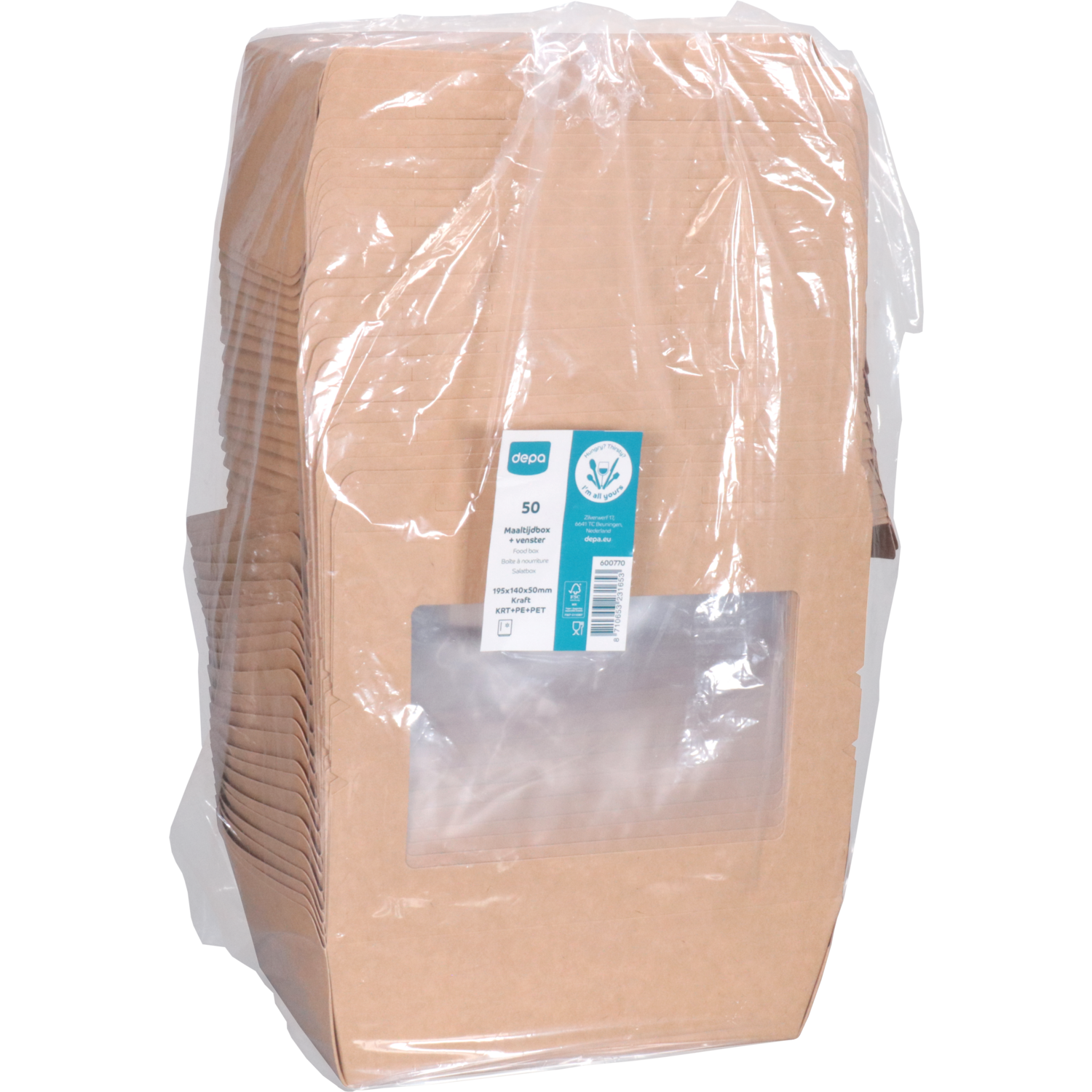 Depa Bak, Karton + PE + PET-coating, met venster, maaltijdbox, 195x140x50mm, bruin