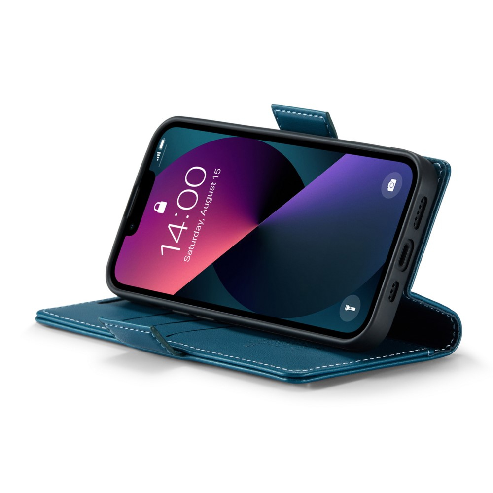 iPhone 14 Leder Tasche Flip Wallet Etui mit Kartenfächern Litchi Look (RFID Schutz) - Blaugrün