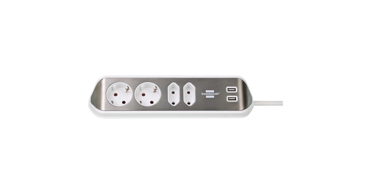 BrennenstuhlEstilo Hoekstekkerdoos 4-voudig stekkerdoos  (Wit/roestvrij staal, 2x USB)