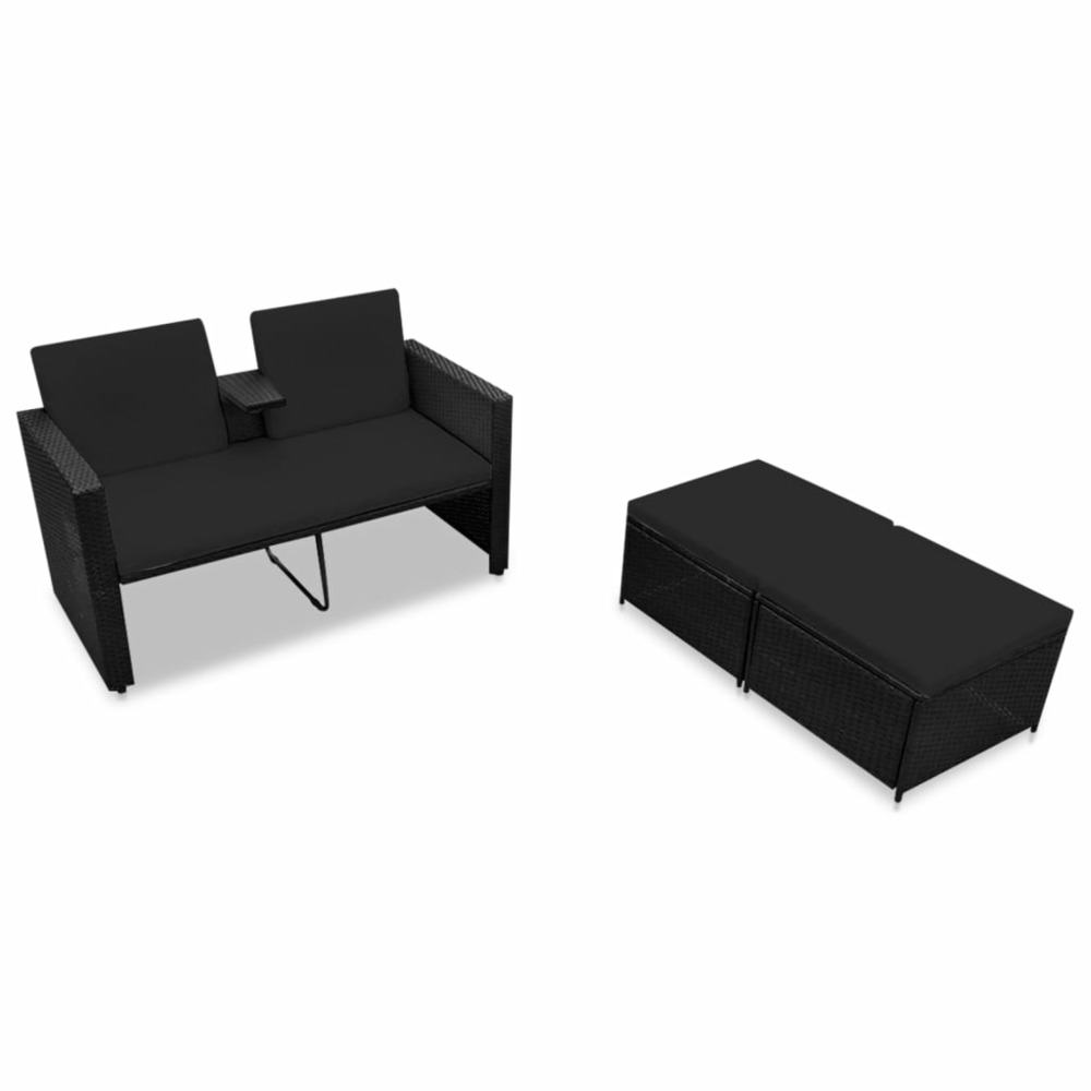 Salon de jardin meuble d'extérieur ensemble de mobilier 3 pièces avec coussins résine tressée noir