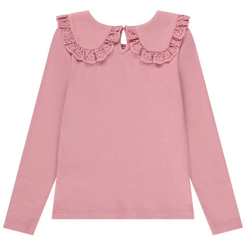 T-shirt manches longues côtelé à col brodé pour fille - Multicolore