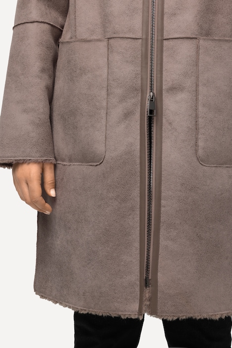 Shearling-Mantel, Lammfelloptik, 2-Wege-Zipper, Kapuze