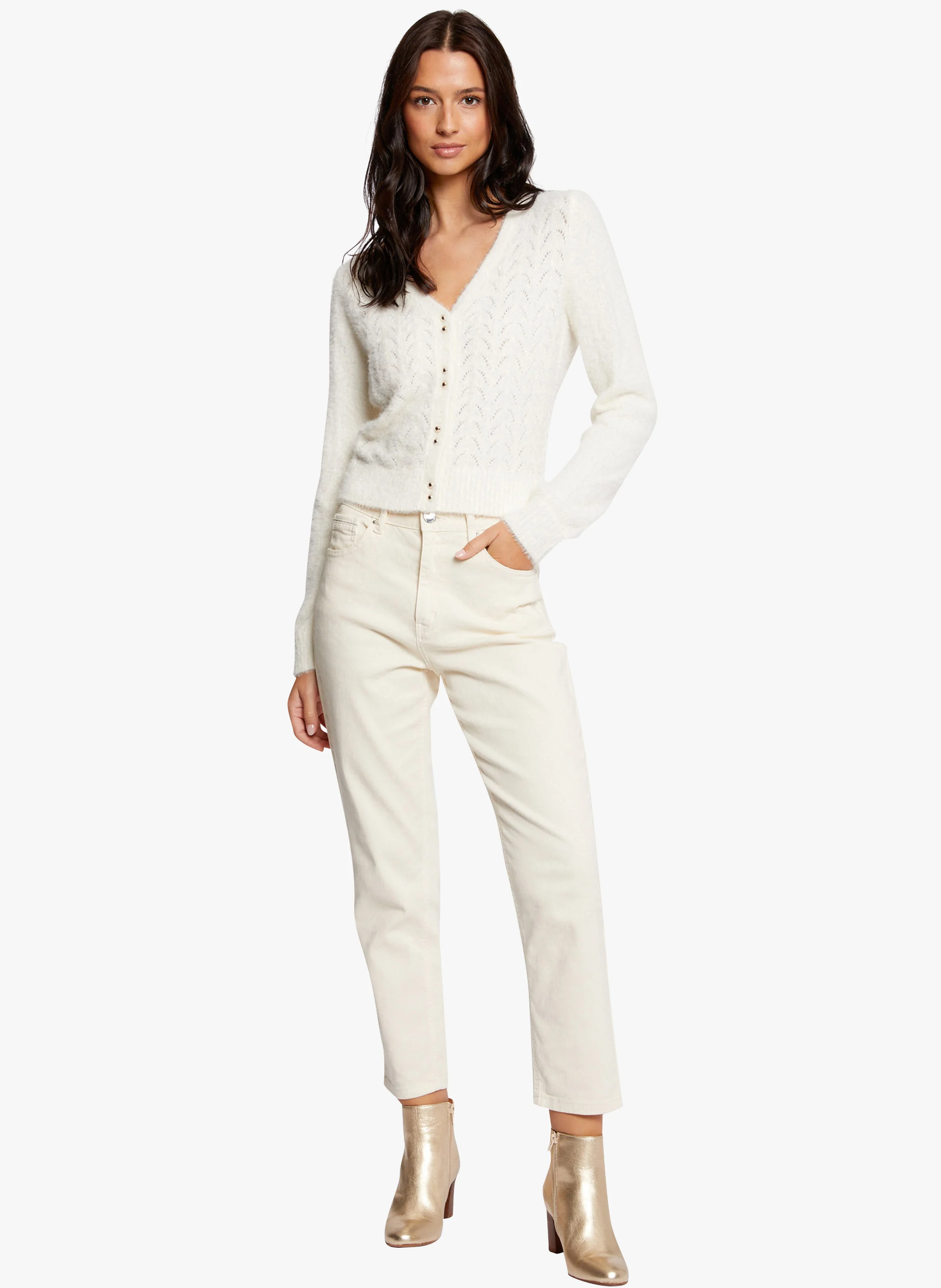 MLILO - Gilet droit col V en maille | Beige