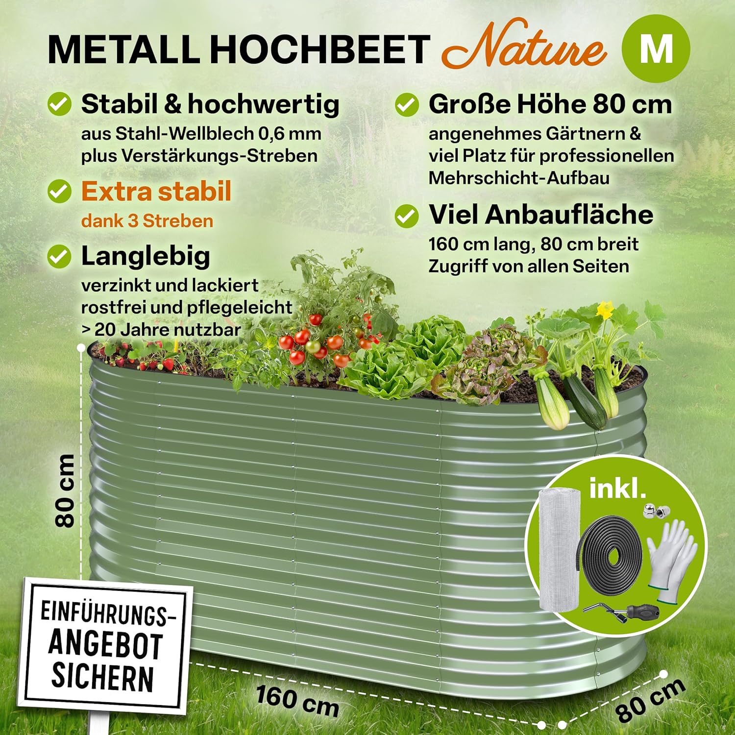 TTL GARDEN 160x80x80cm Nature M Metall Hochbeet Salbei-Grün - Stahl rostfrei verzinkt & lackiert Wellblech oval 80cm hoch sehr stabil Garten Beet für Gemüse Kräuter Blumen Gartenbeet Gemüsebeet