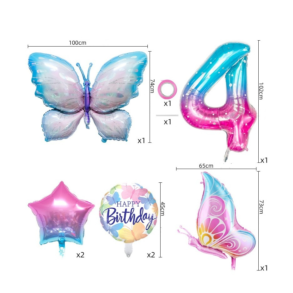 (7-tlg. Set) Zahlen Ballon Kinder Geburtstags Party Folienballon - Zahl 4 / Schmetterling