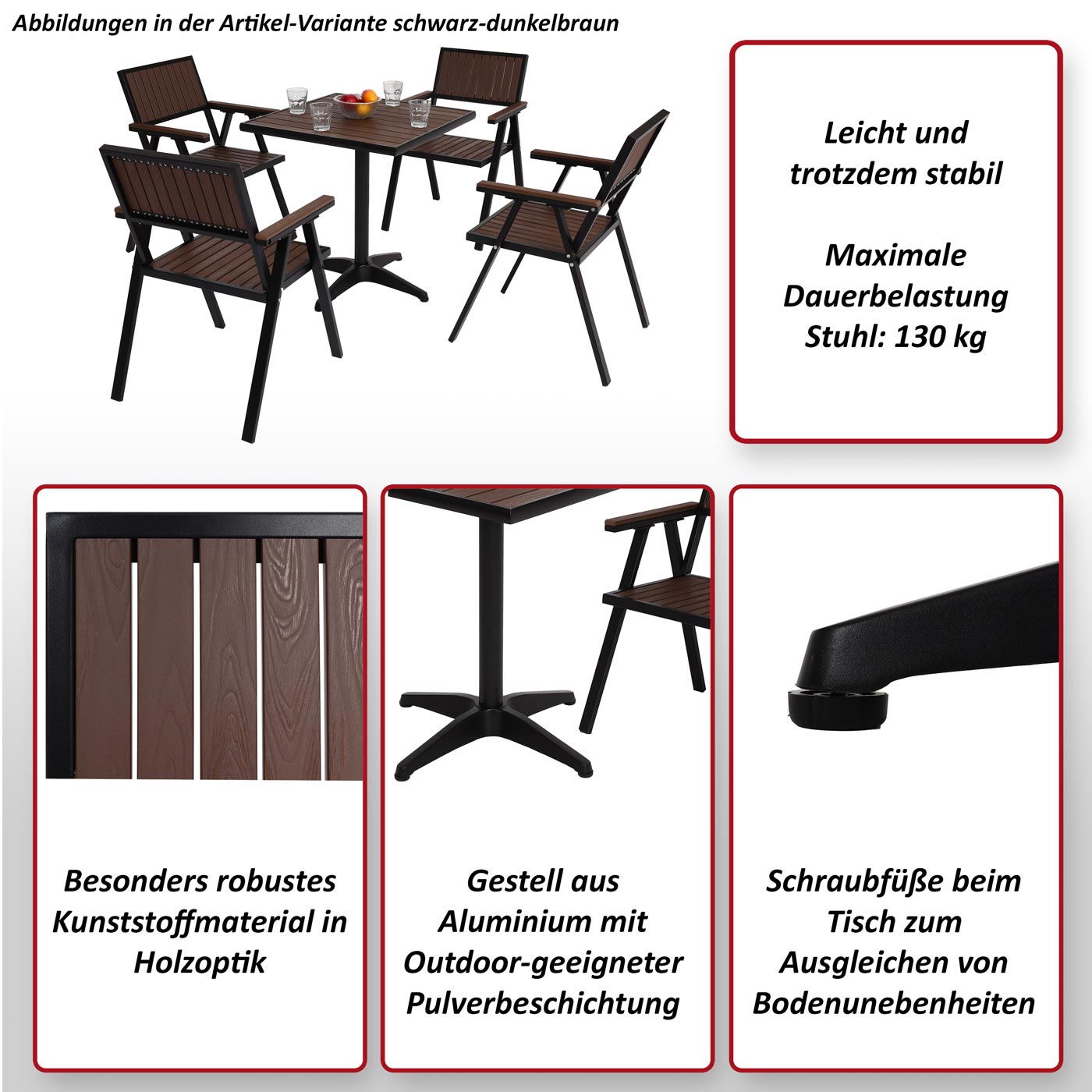 4er-Set Gartenstuhl+Gartentisch MCW-J95, Stuhl Tisch, Gastro Outdoor-Beschichtung, Alu Holzoptik ~ schwarz, dunkelbraun