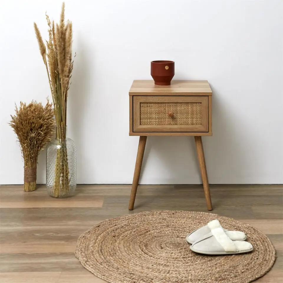 MISOU Nachtkastje Met Lade Rotan Webbing Hout