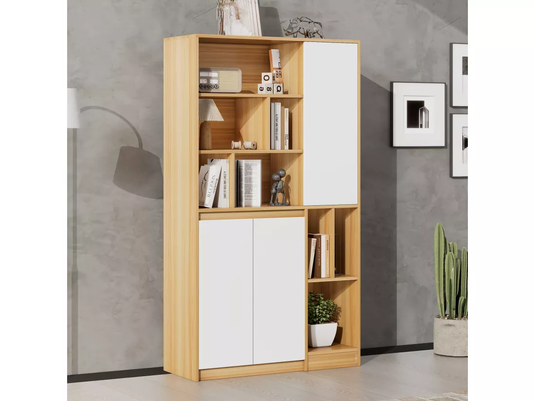 Bibliothèque avec 3 portes et étagères réglables - 90 x 35,5 x 160 cm - Panneaux de particules - Blanc + Chêne clair