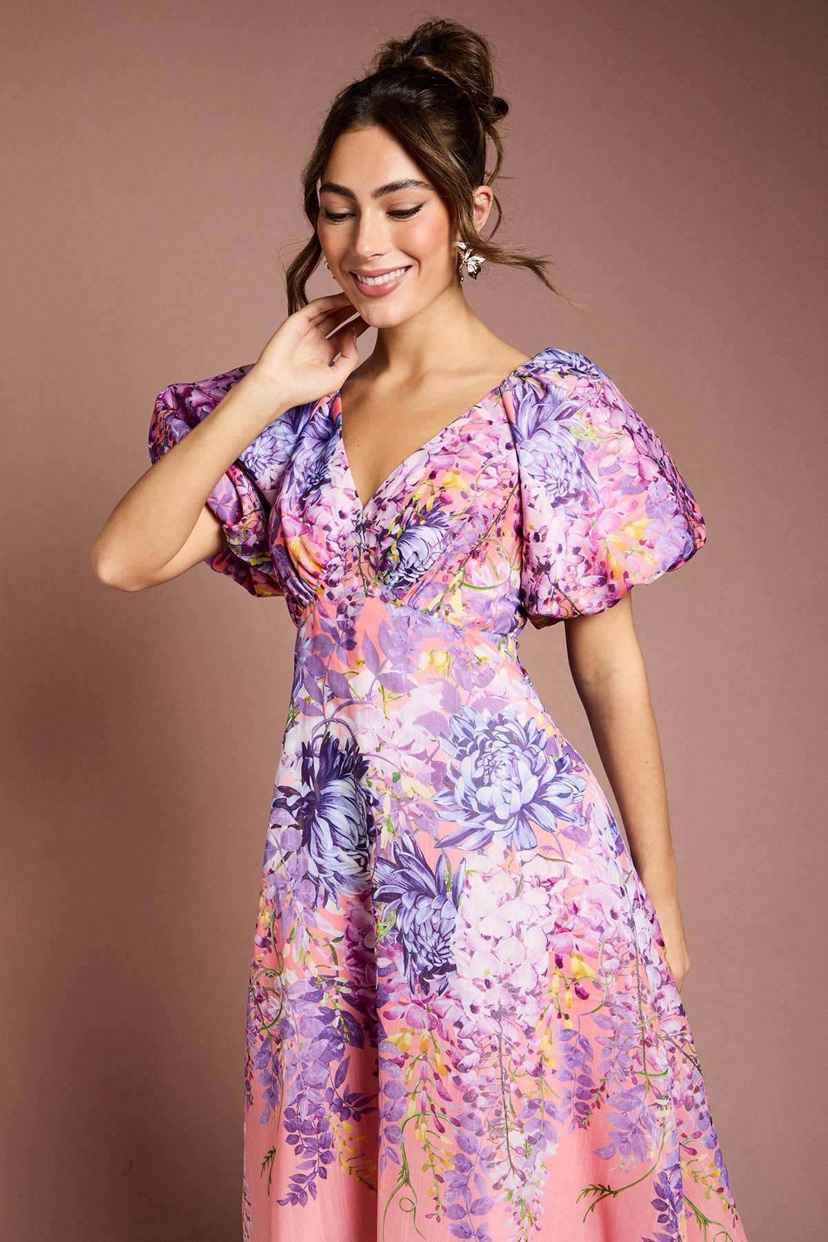 Coast Robe Mi-Longue en Organza à Imprimé Floral et Manches Bouffantes