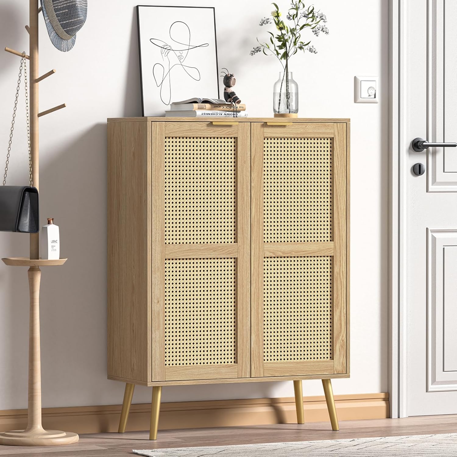 Rattan Sideboard, Küchenschrank mit 2 Türen, Buffetschrank mit verstellbares Regal, Küchenbuffet für Küche Wohnzimmer Esszimmer, Flur, Holz, Landhausstil 80 x 34 x 112 cm