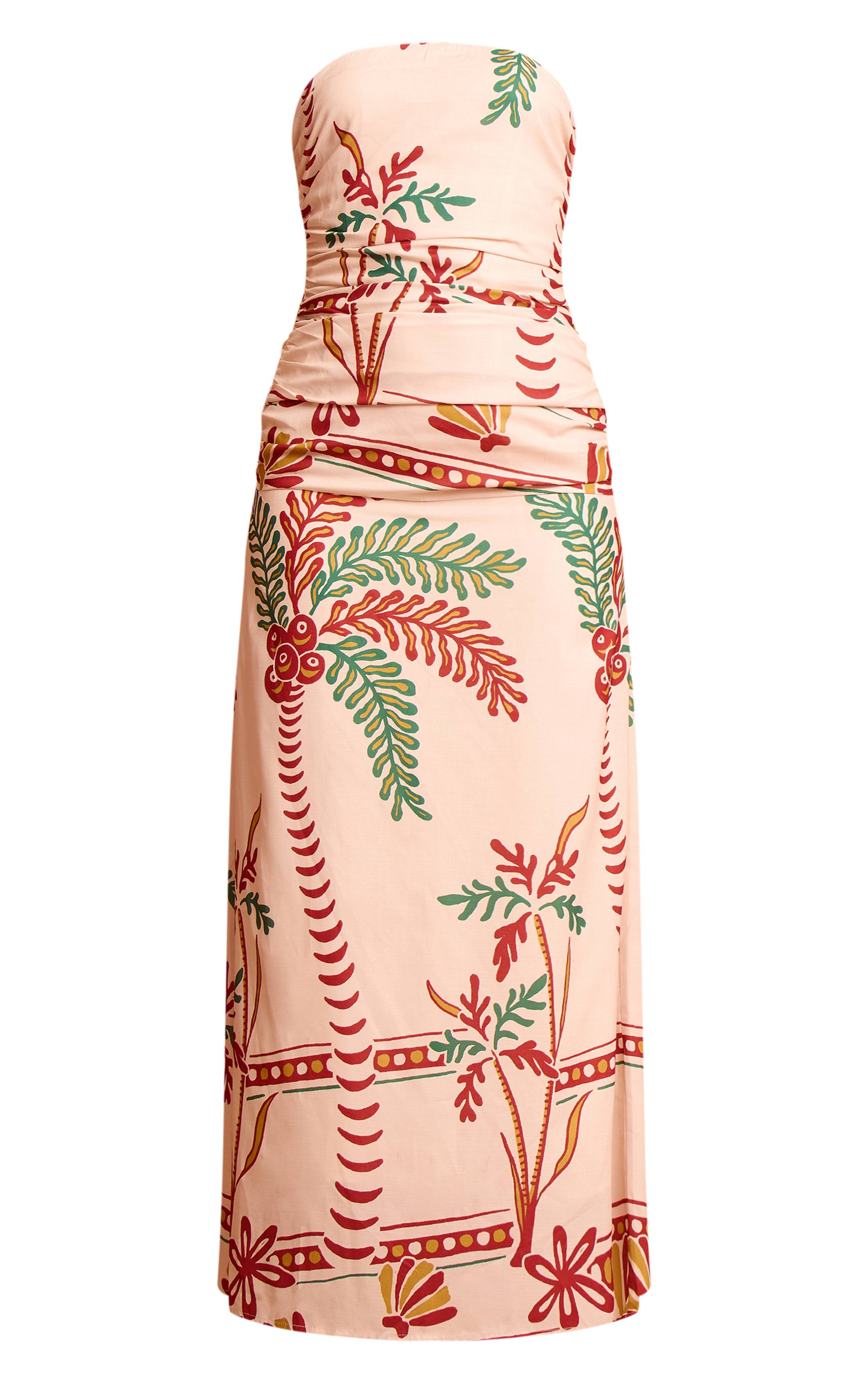 Crème Robe Longue Bustier À Imprimé Abstrait Avec Détails Froncés