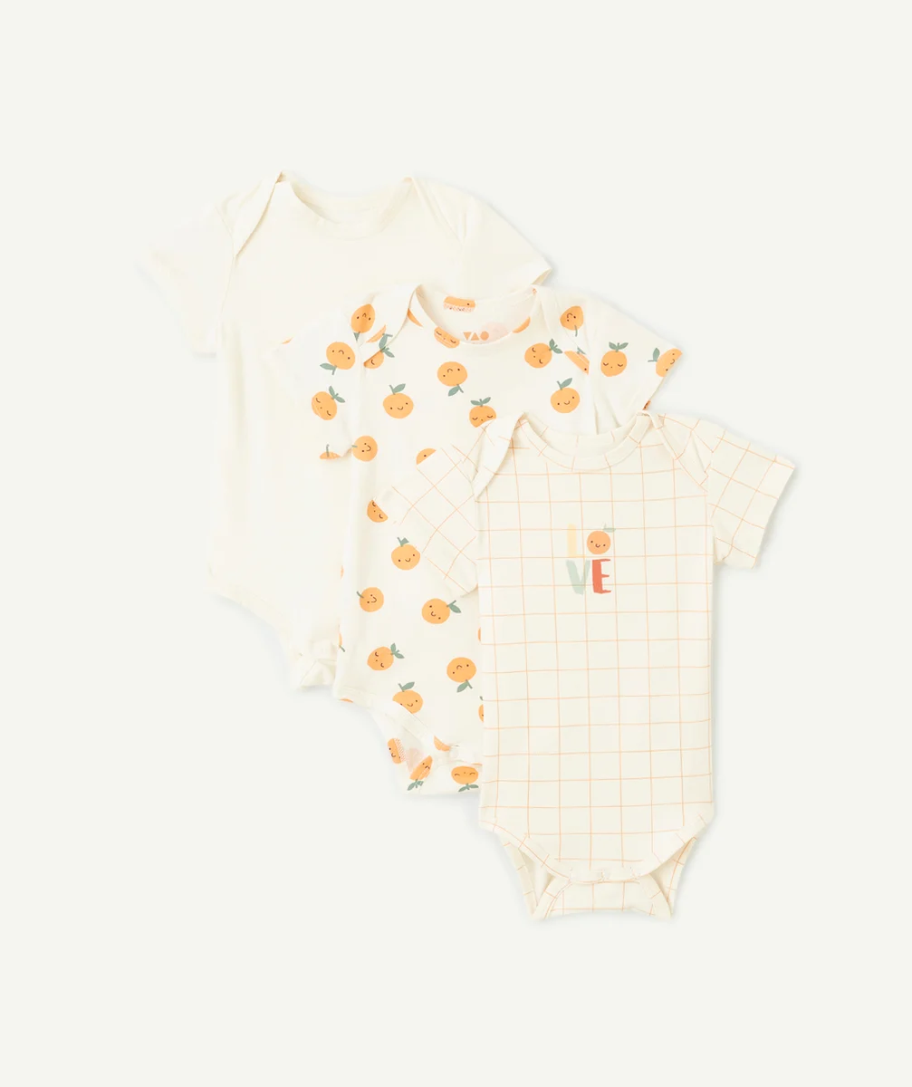 lot de 3 bodies bébé en coton bio uni et imprimé thème fruits