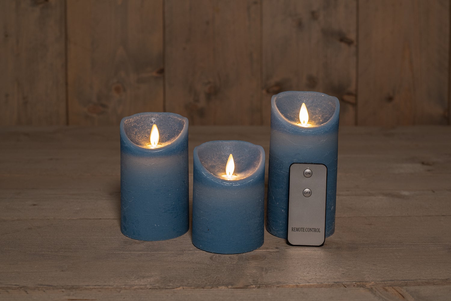 Anna's Collection LED stompkaars Rustiek blauw D 7,5 H 10 / 12,5 / 15 cm 3 stuks