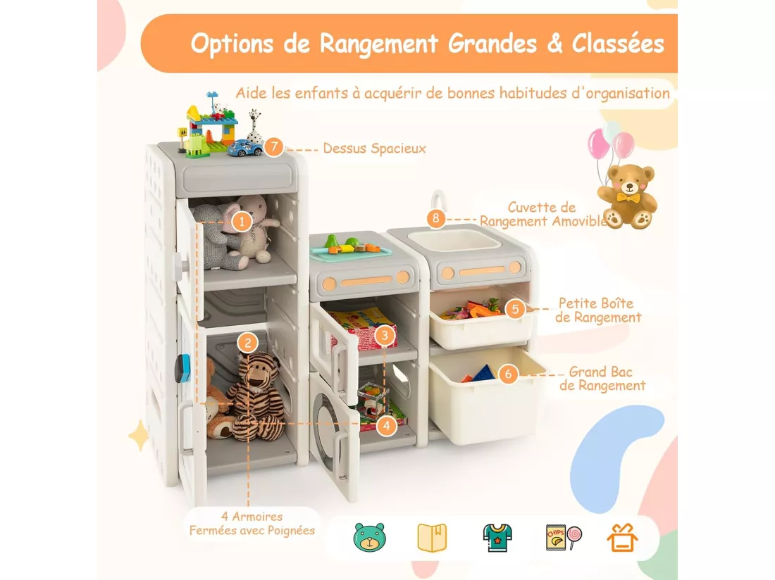 Étagère de rangement jouet avec tableau blanc & évier amovible, 116 x 38 x 98 cm
