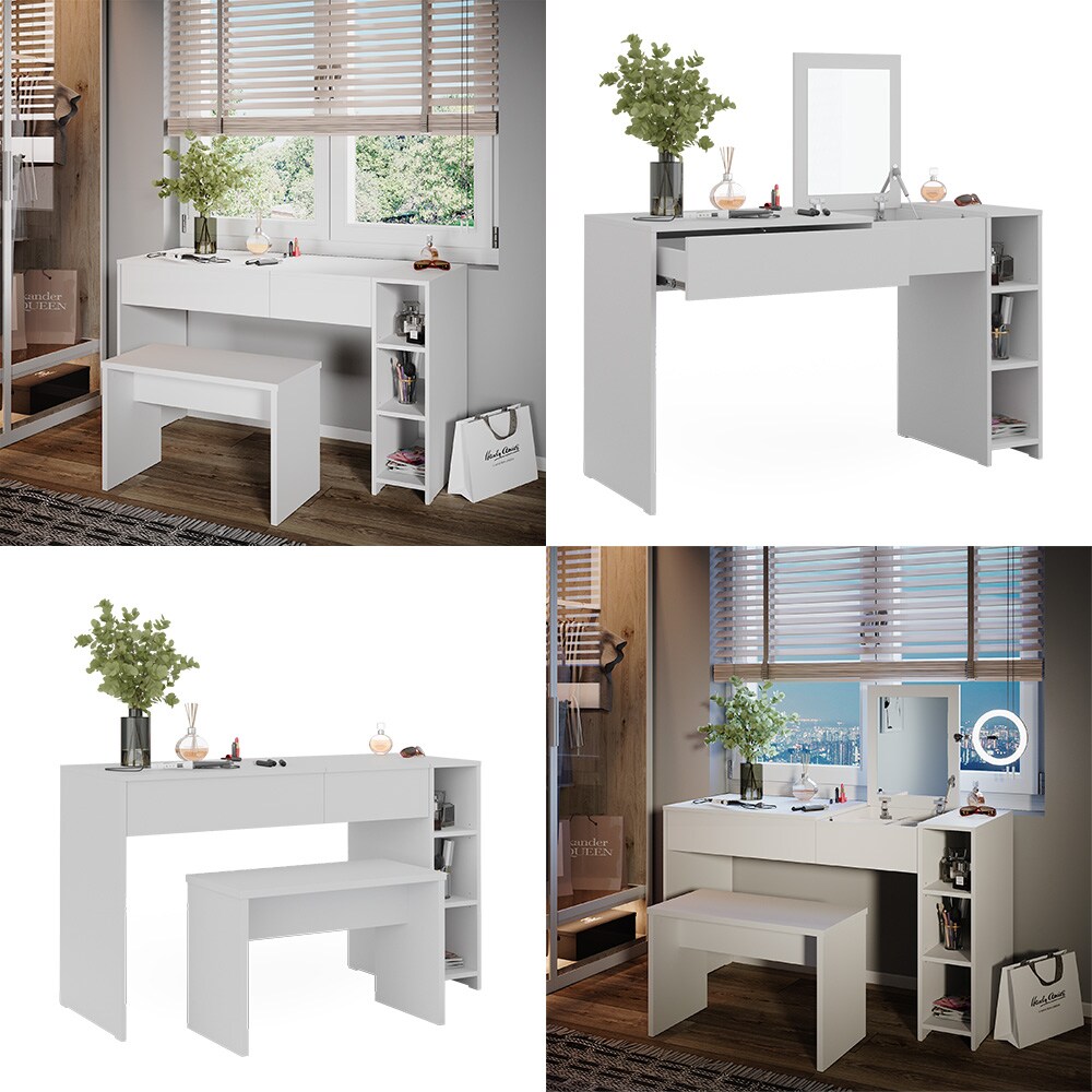 Vicco Schminktisch Kira, 129 x 76 cm, Weiß, Frisiertisch inkl. Spiegel und Bank, modern