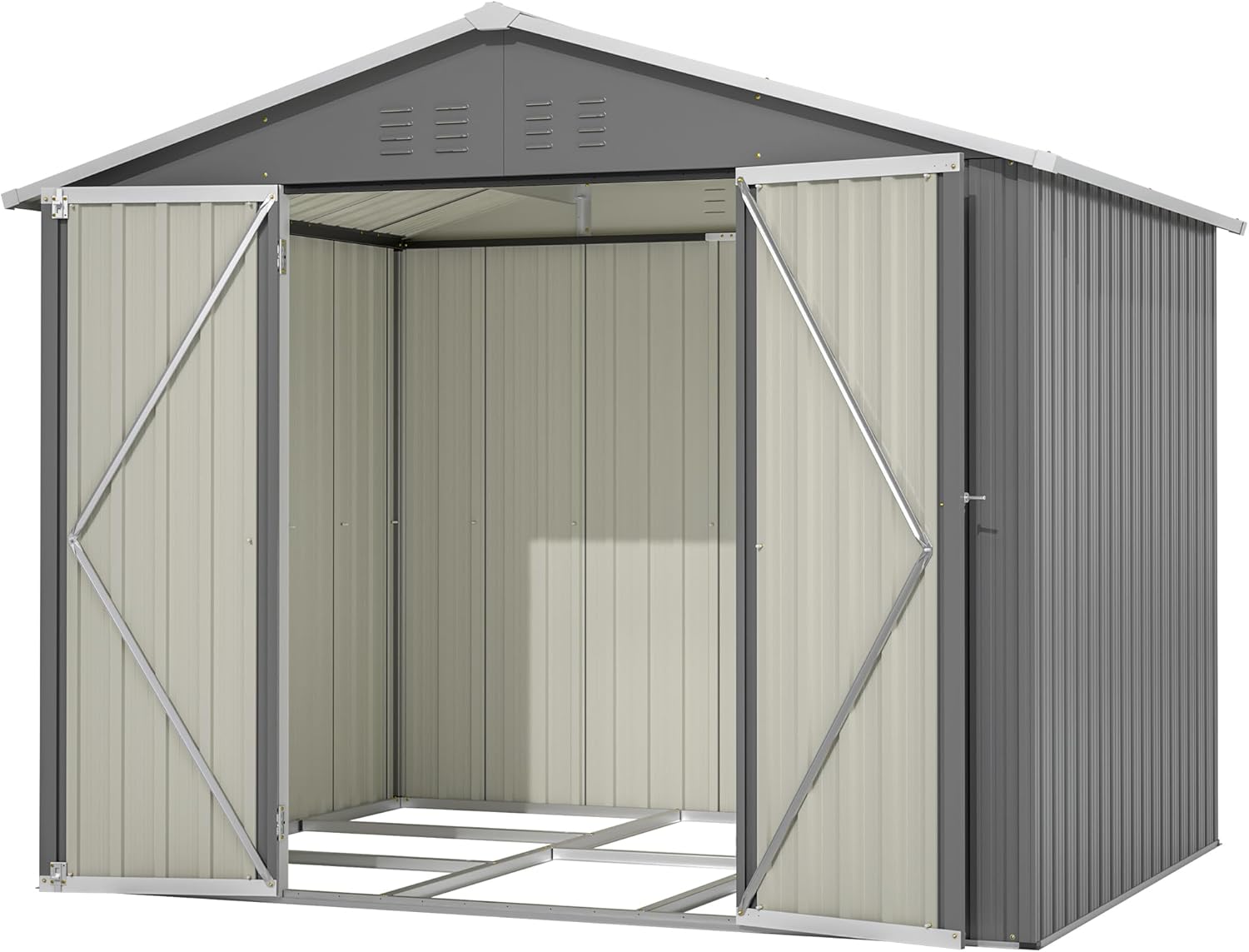 Metall Gerätehaus 9m³ Gerätehaus mit Pultdach,Gartenhaus Geräteschuppen Garten Schuppen Inkl. Metallfundament (ohne Boden), Geräteschrank für Garten,Grau