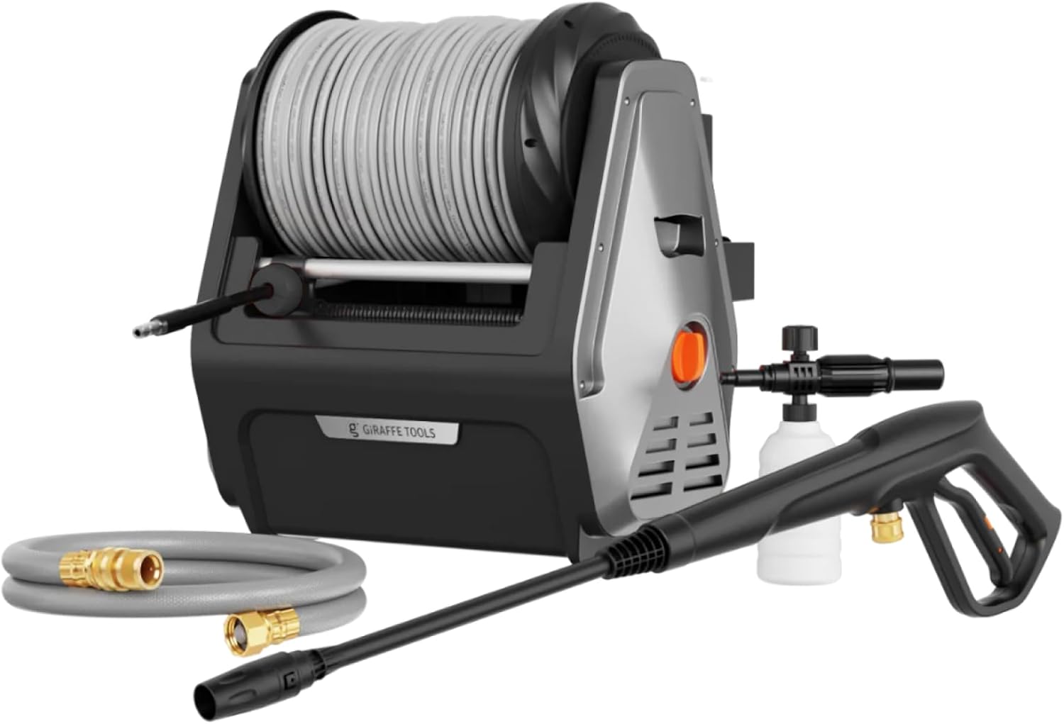 Giraffe Tools Hochdruckreiniger Big Pump 2 in 1, 1800 Watt, Max 2400 PSI, 2.0 GPM Elektrischer Wasserdruckreiniger für die Wandmontage, mit 30M Einziehbarem Schlauch, Grauer weicher Schlauch