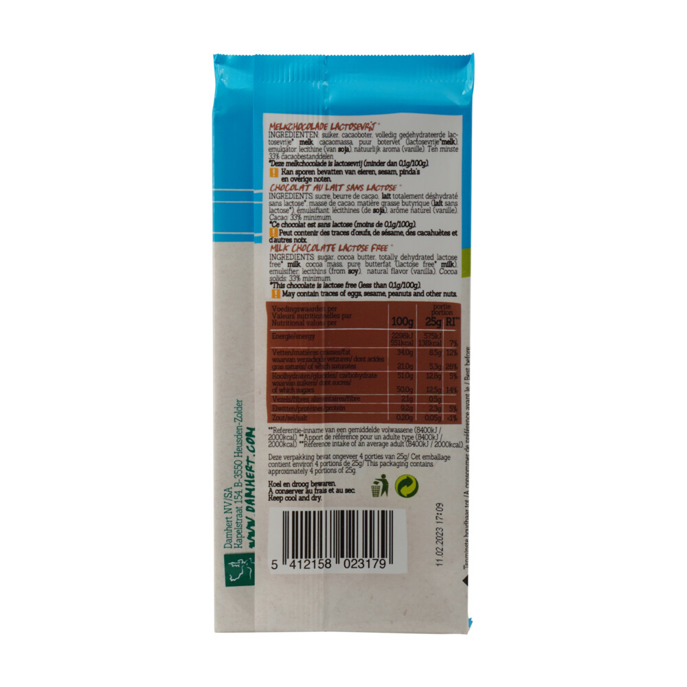 3x Damhert Chocoladereep Melk Glutenvrij en Lactosevrij100 gr