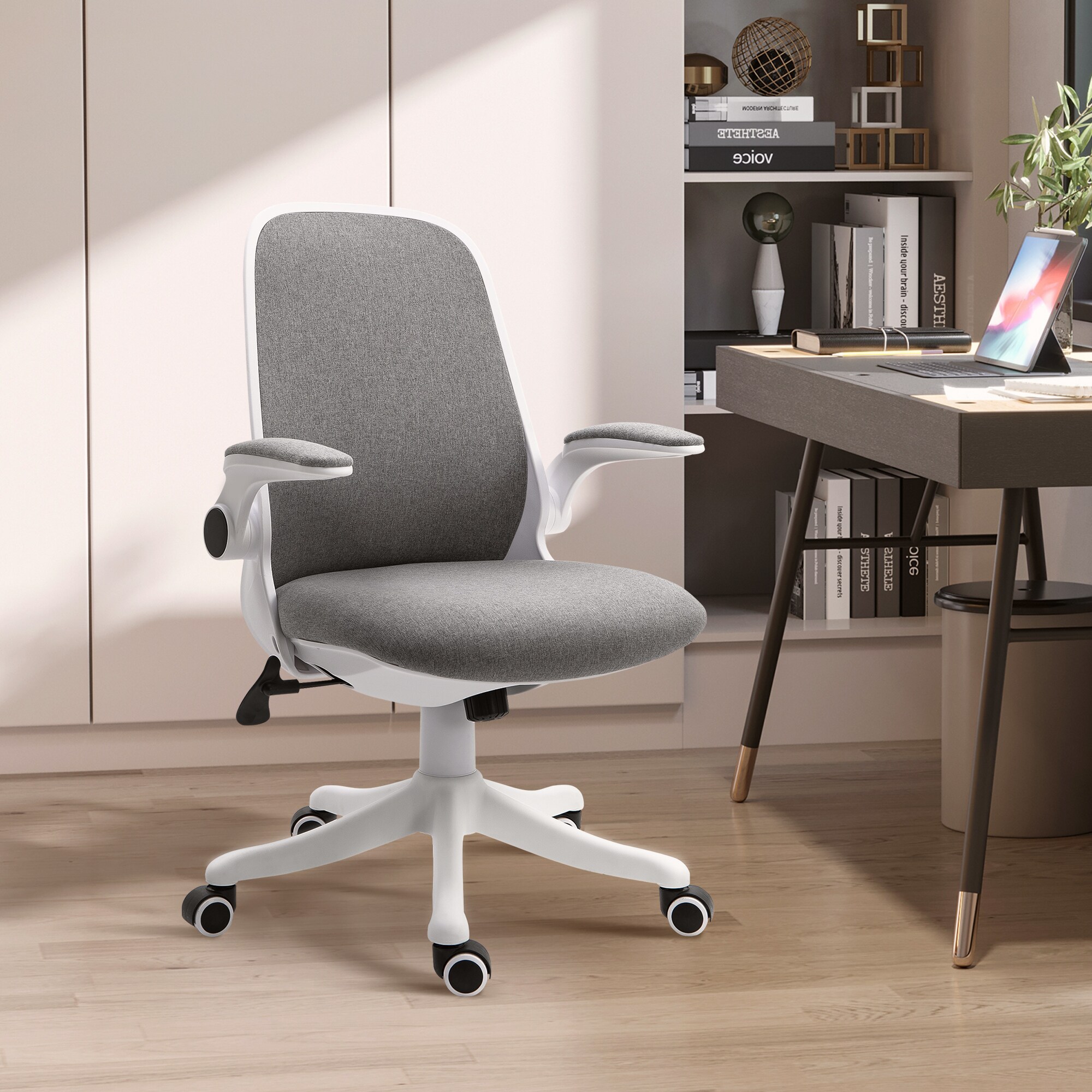 Vinsetto Bürostuhl mit Wippfunktion höhenverstellbar Grau+Weiß 62,5 x 60 x 90-98 cm (BxTxH)