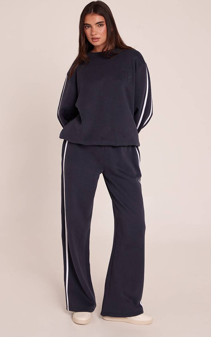 Bleu Marine Sweat À Bandes Contrastées Latérales Avec Étiquette PLT