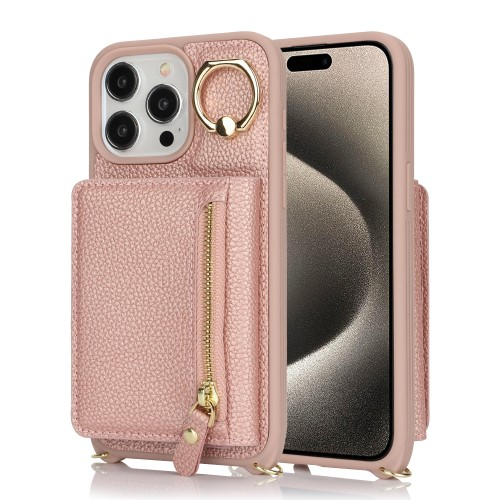 iPhone 15 Pro Necklace Leder Hülle mit Münzfach und Kartenfächer   Finger Griff Halterung   Handykette - Roségold