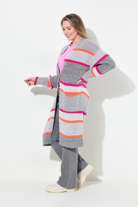 Long Strickjacke, Knopfverschluss, Langarm, Taschen