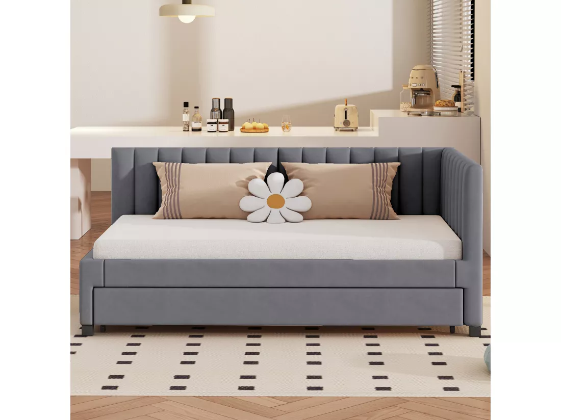 Lit Rembourré 90x200cm,canapé-lit Extensible, Lit Multifonction Avec Sommier à Lattes, Velours Gris