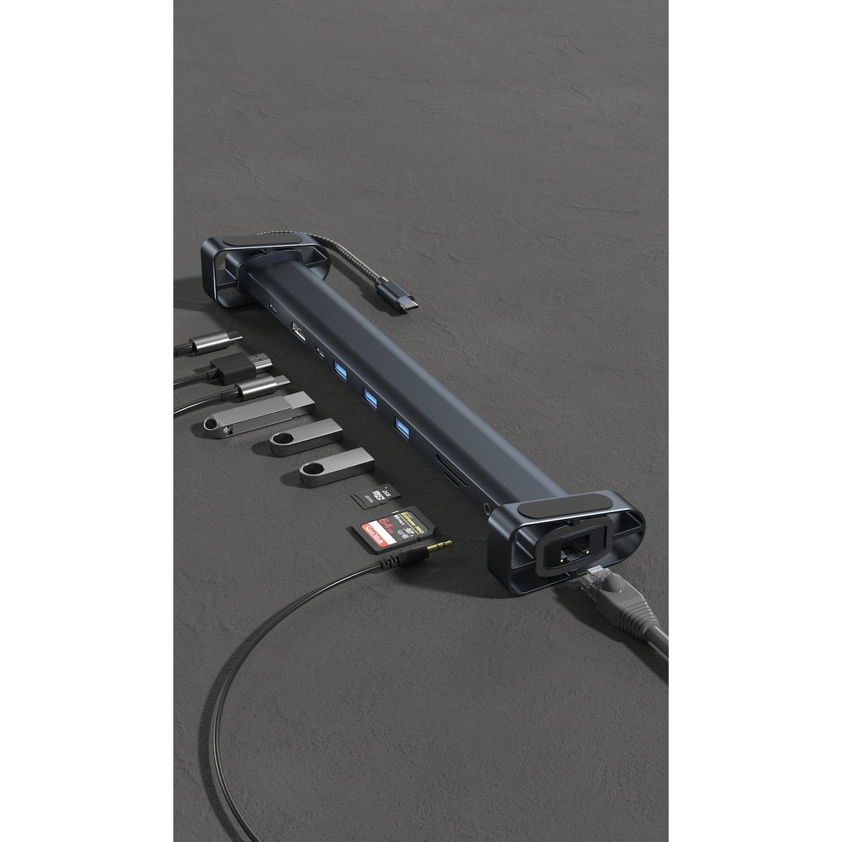 NÖRDIC 1 til 10 USB-C-dokkingstasjon 1xHDMI 4K30Hz 1xUSB-C PD100W 3xUSB-A 5G 1xLAN 10/100 1xAudio 1xTF 1xMicroSD Thunderbolt 3 & 4