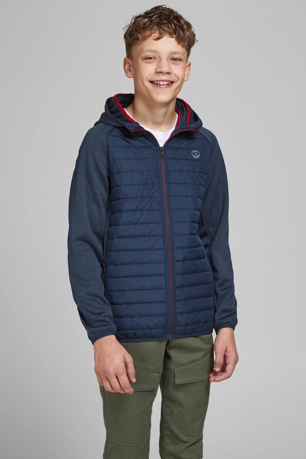 JACK & JONES gewatteerde tussenjas JJEMULTI donkerblauw/donkerrood