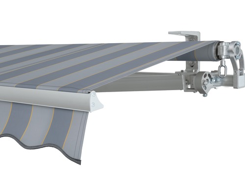 SOLUNA knikarmscherm Concept 3x2, doekdesign 7109, frame zilverkleurig E6EV1 geanodiseerd, aandrijving rechts inclusief slinger.