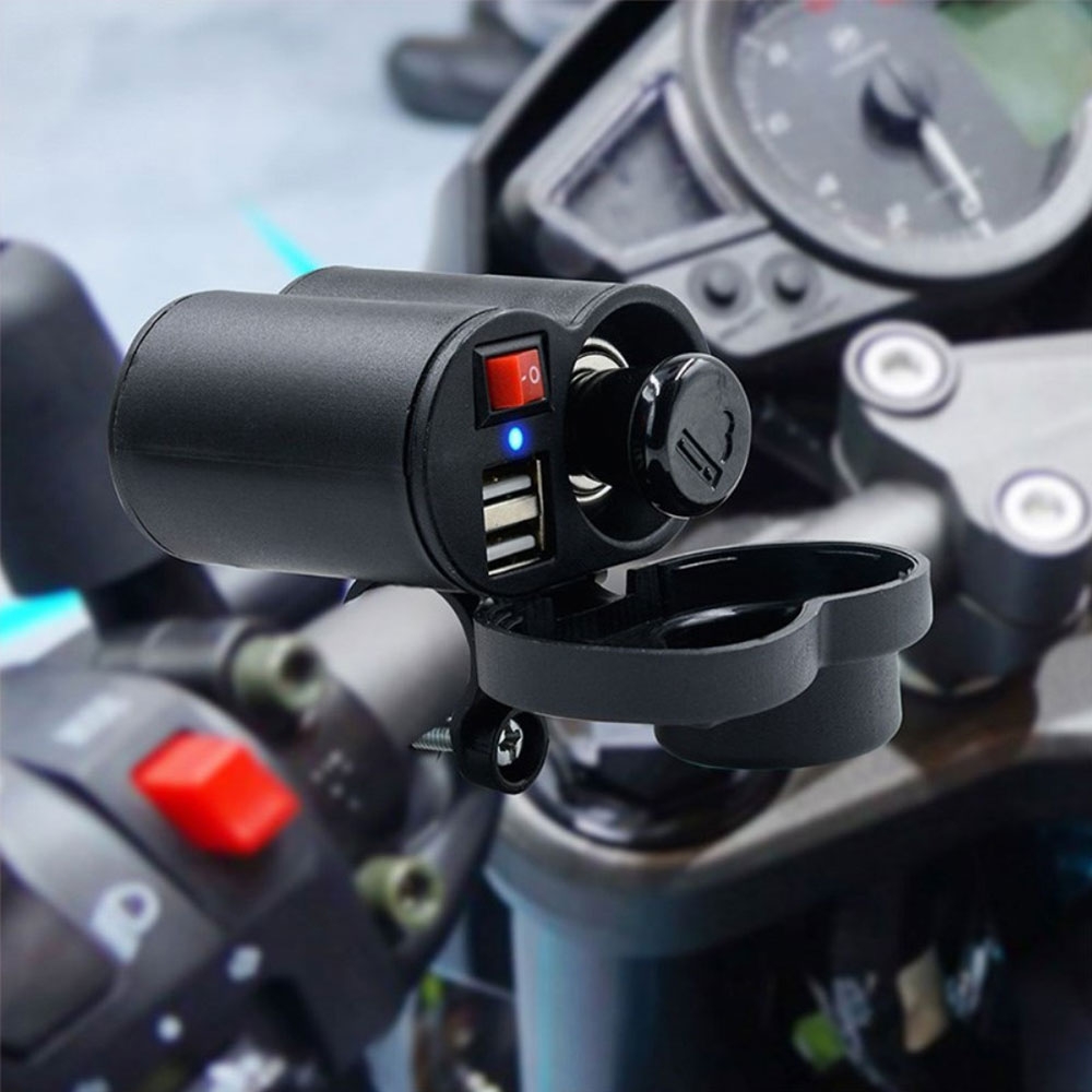 (2.5A) 2in1 Dual USB Ladegerät mit Zigarettenanzünder 12-24V (Spritzwassergeschützt) für Motorrad / Roller / Töff - Schwarz