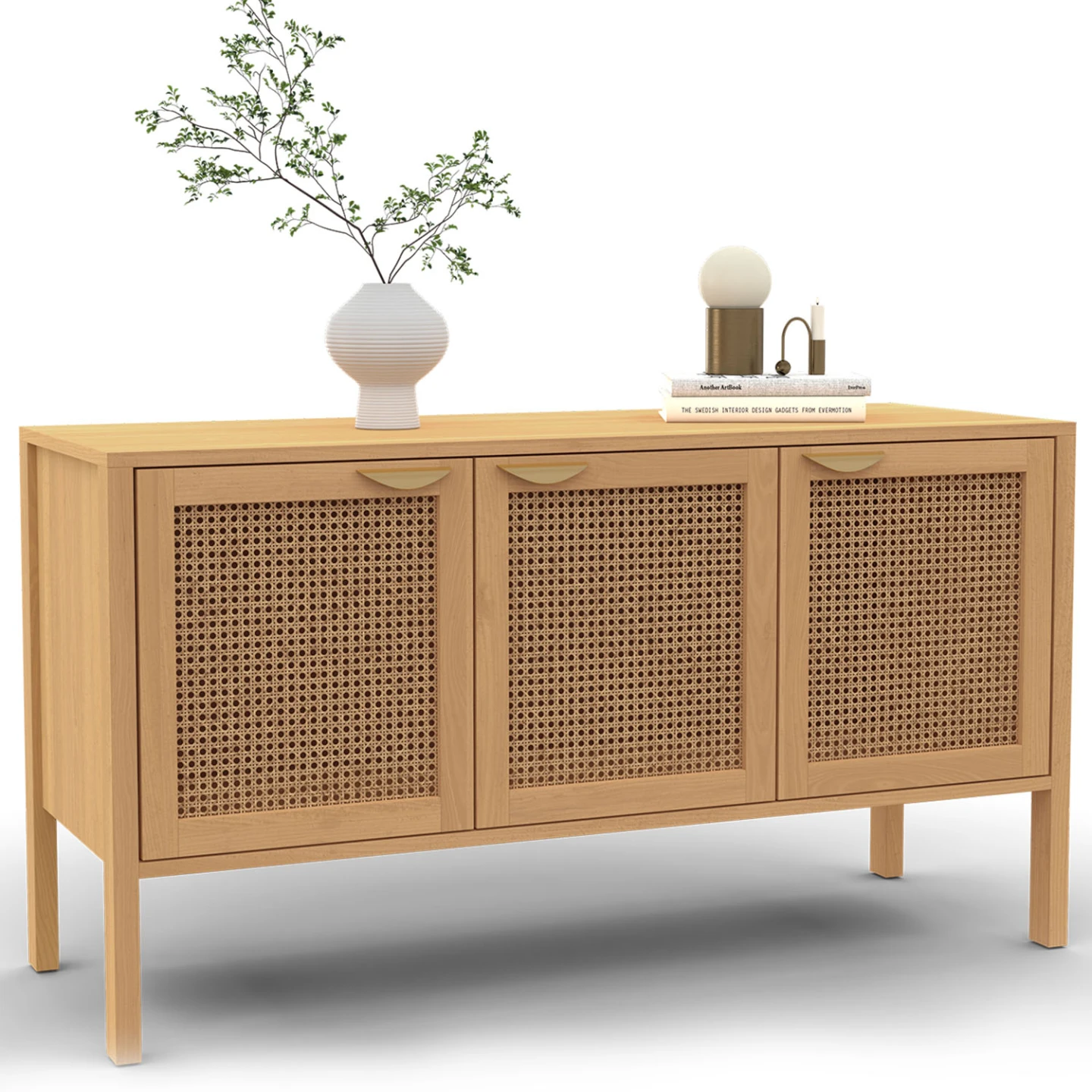 Buffet bas 110 cm EDHEN 3 portes bois et cannage
