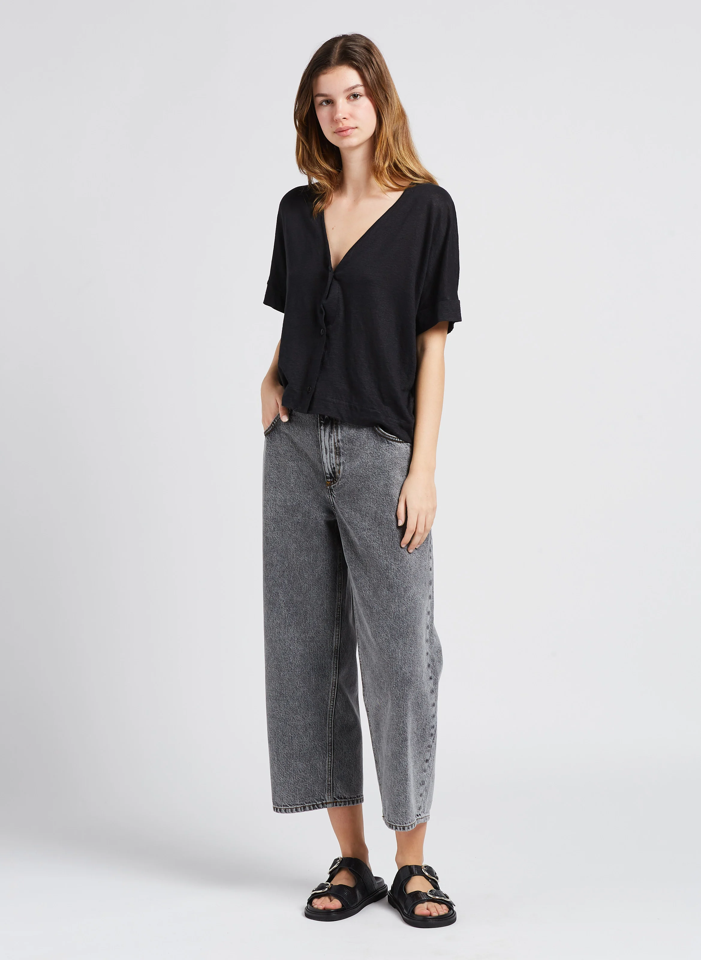 YOPDAY - Jean droit taille haute en coton| Gris