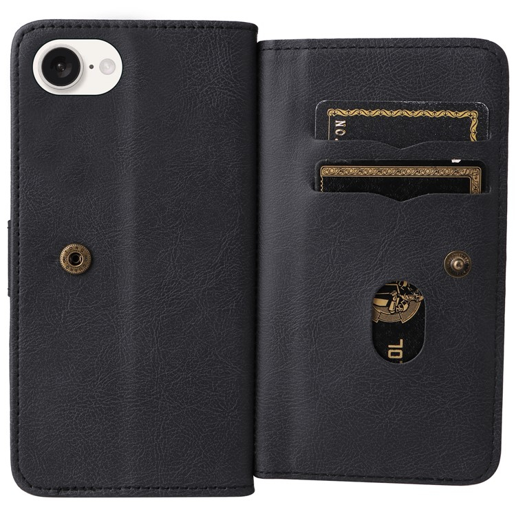 iPhone 16e Leder Tasche Flip Cover Kartenfächer mit Druckknopfverschluss - Schwarz