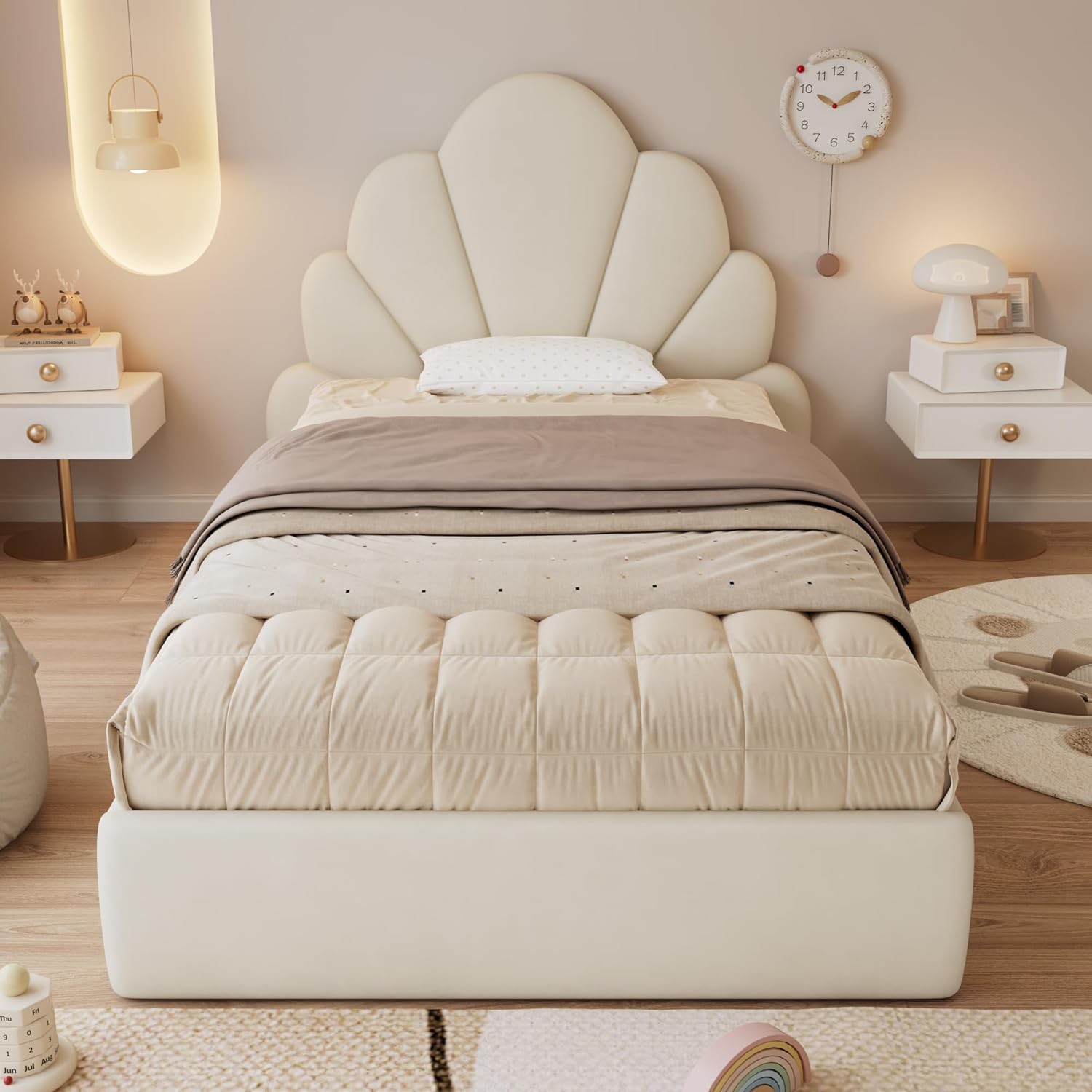 I0I&I0I Einzelbett Polsterbett Samt Beige, Kinderbett Jugendbett mit Kopfteil Blütenblätter, Stabiler Lattenrost, Metallrahmen, Modern Stilvoll rutschfest Einfacher Aufbau (90x200cm)