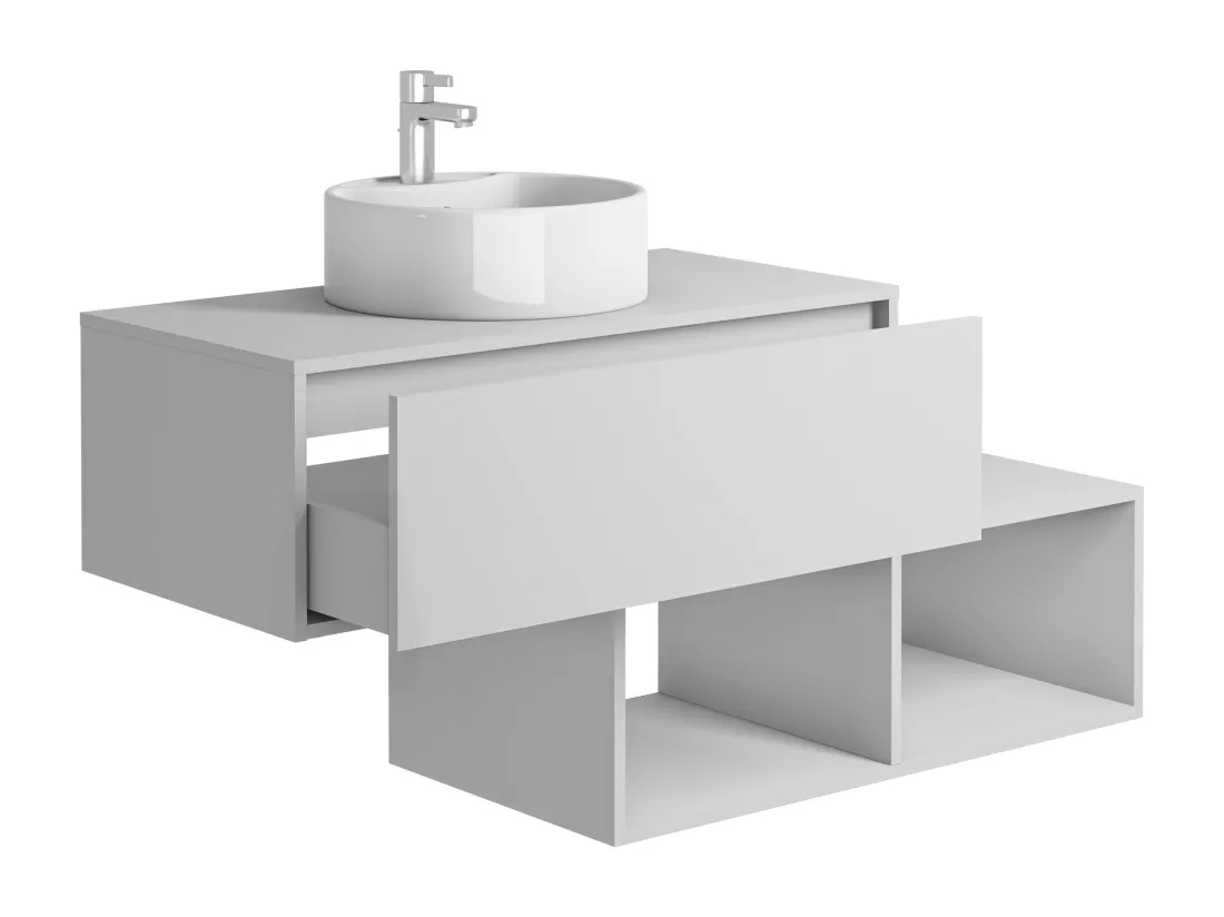 Meuble de salle de bain suspendu blanc avec vasque ronde - 1 tiroir et 2 niches - 94 cm - TEANA II