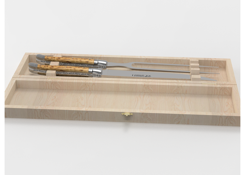 Service à viande Laguiole avec un manche en bois de bouleau et mitres en acier inoxydable