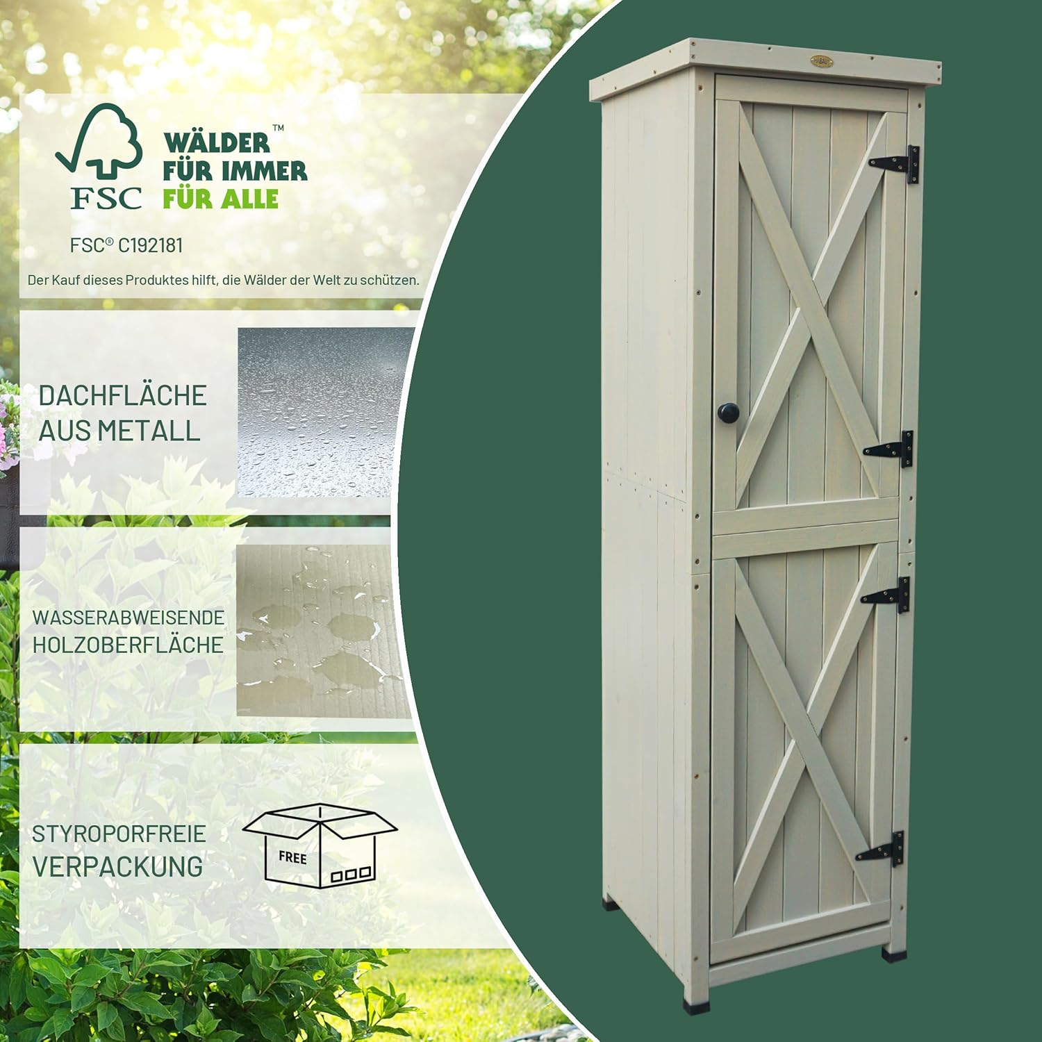 HABAU Gartenschrank, wetterfest in Grau lasiert, aus zertifiziertem Massivholz, ideal für Garten, Balkon und Terrasse (Ben)