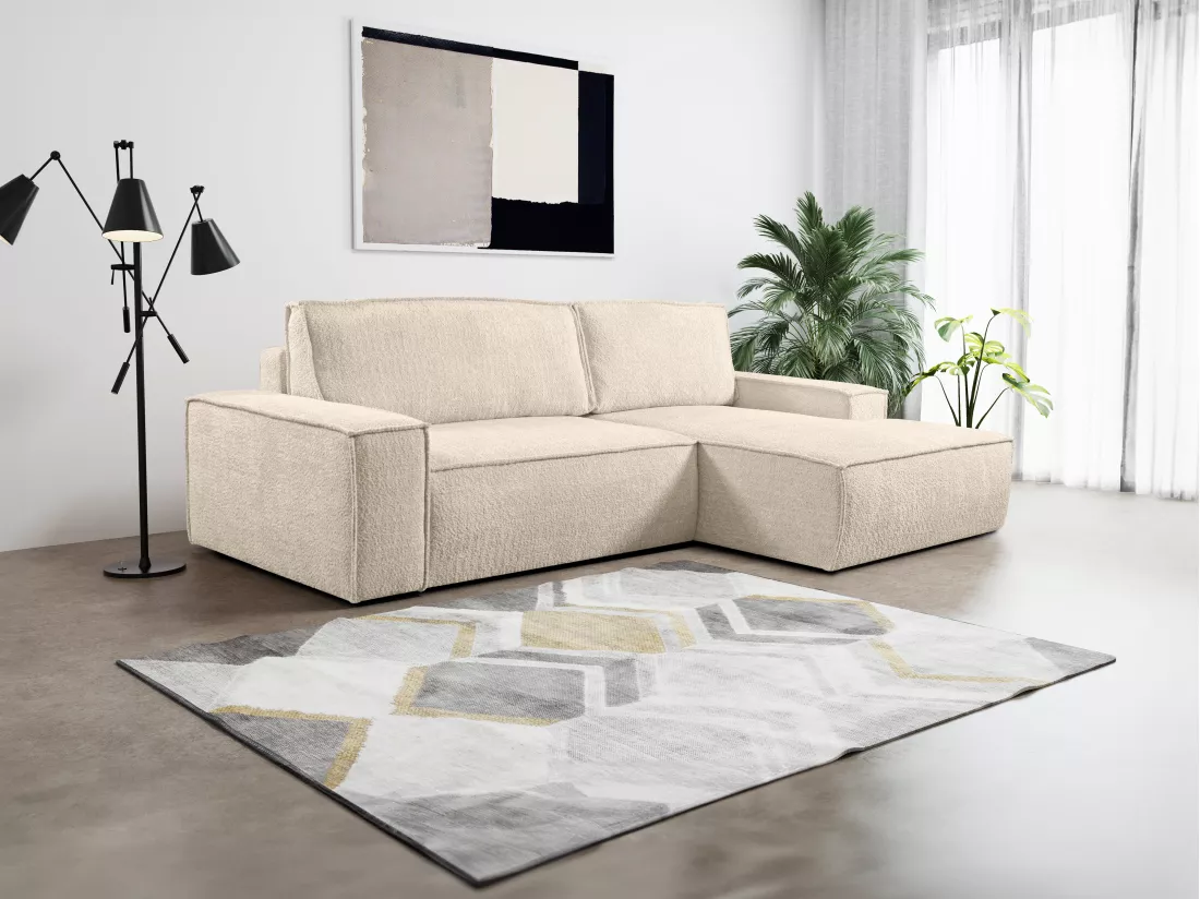 Canapé d'angle convertible en tissu bouclette beige AMELIA - Angle droit