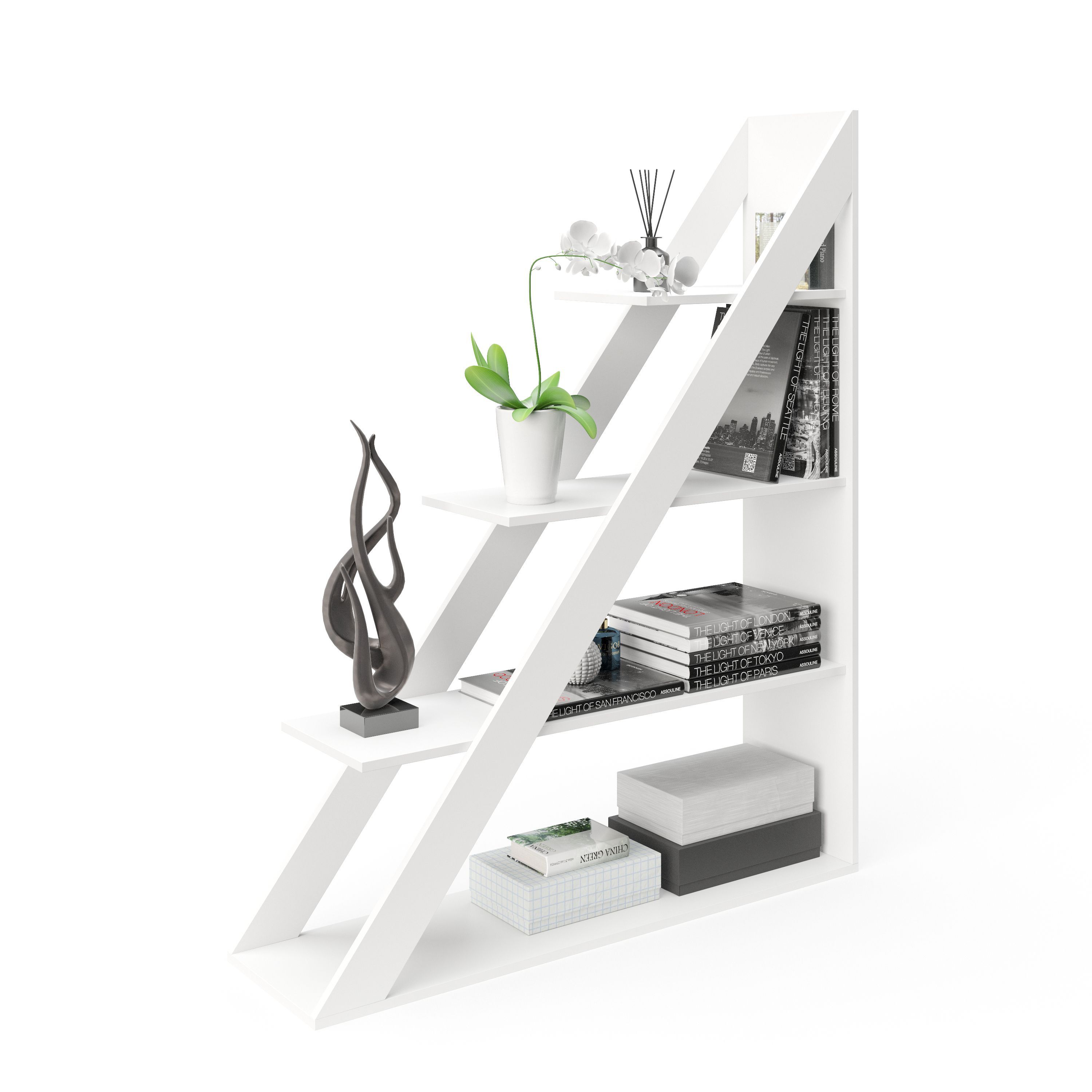 Kairo - Bücherregal, Raumteiler, Büroregal mit 4 Böden, einseitig schräg, weiss