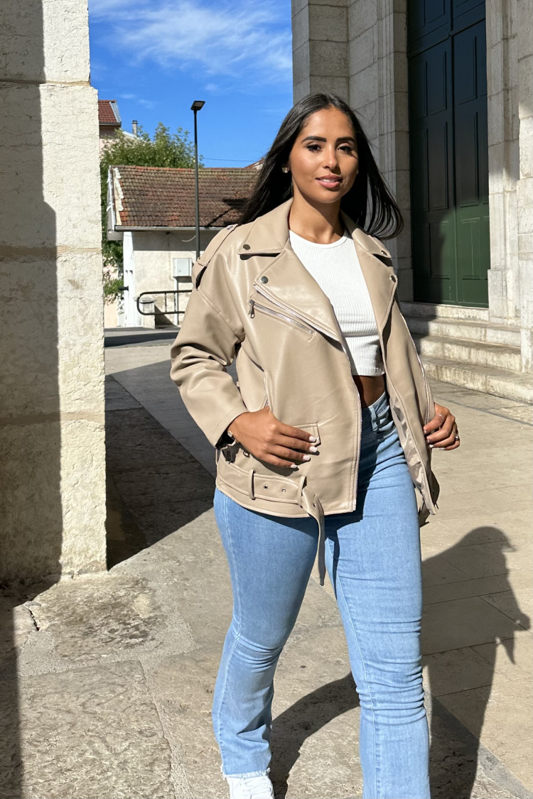 Perfecto en simili cuir taupe ceinturé