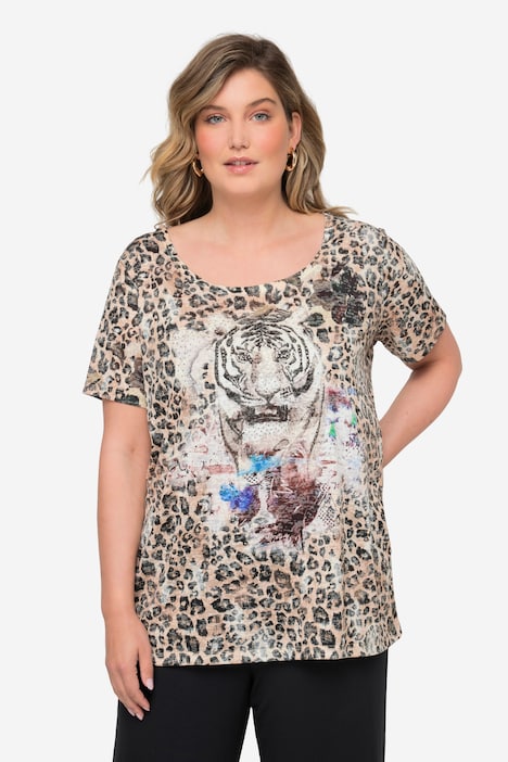 T-Shirt, Leomuster, großer Tiger-Druck, Rundhals, Halbarm