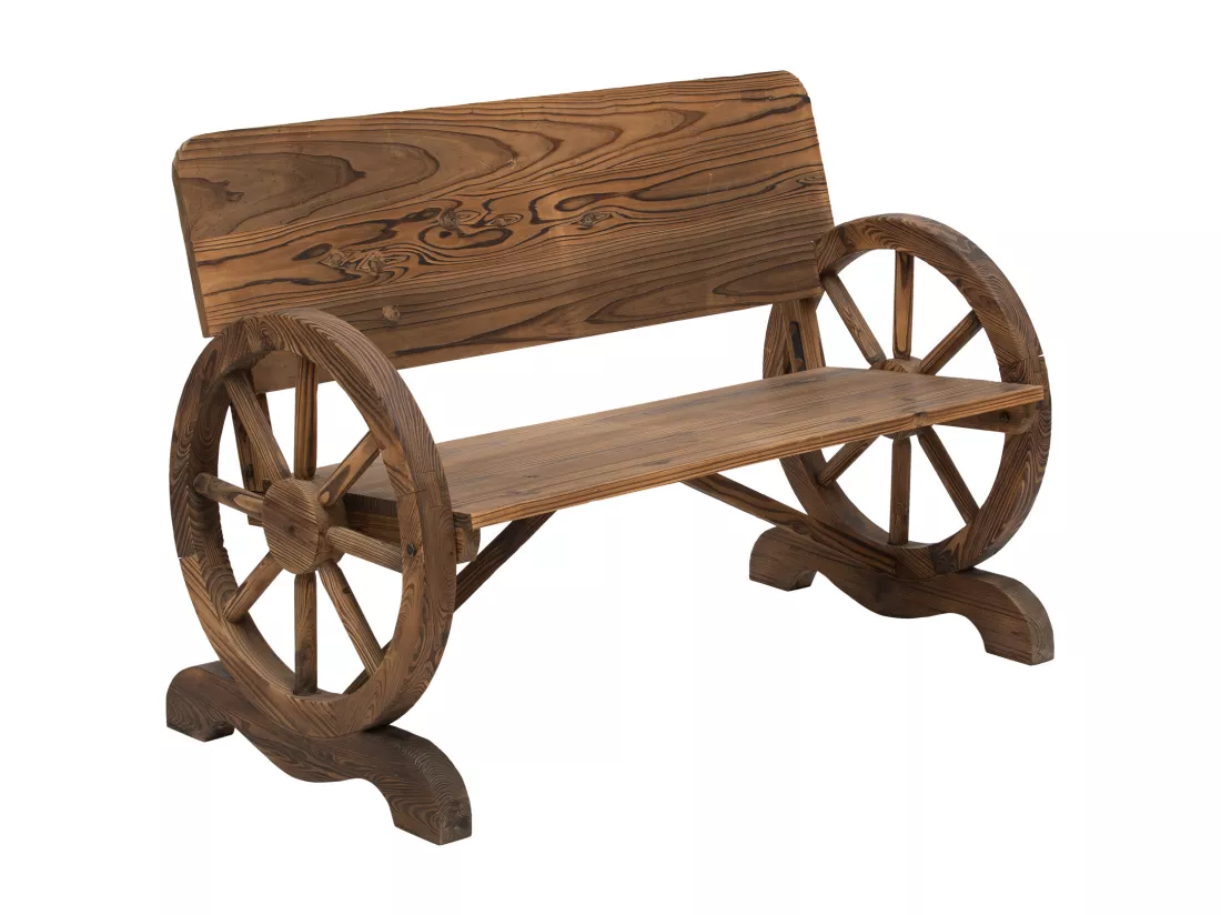 Banc de jardin 3 places style rustique chic accoudoirs roues de charette bois sapin traité carbonisation